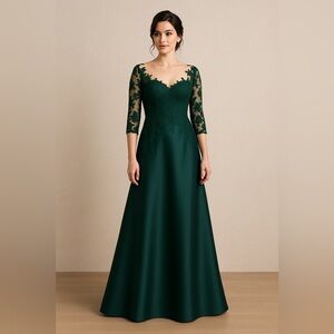 JJ’s House Emerald Green Beige Embroidered Satin Button Evening Gown Dress US 0